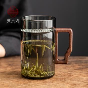 煙灰色玻璃水杯月牙過濾泡茶杯耐高溫綠茶專用辦公個人木把喝茶杯