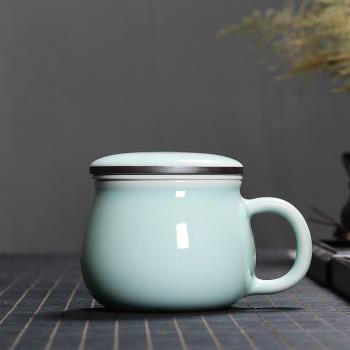 青瓷同心杯茶杯手工茶水分離帶過濾龍泉陶瓷辦公室帶蓋泡茶杯家用