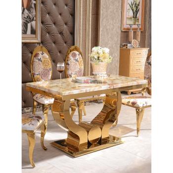 輕奢餐桌歐式金色不銹鋼餐桌椅組合簡約現代時尚小戶型大理石飯桌