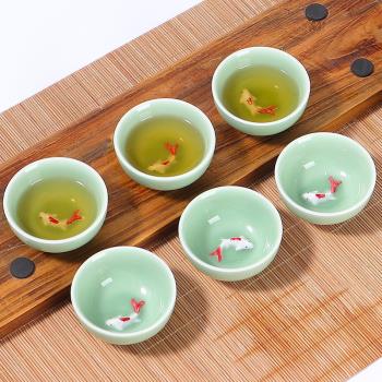 陶瓷青瓷功夫茶具茶杯套裝家用立體小魚鯉魚品茗杯單個創意小杯子