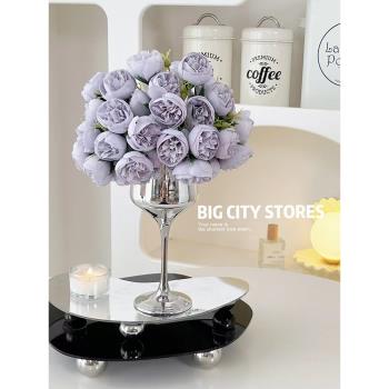 RoomTour高級感電鍍高腳杯小牡丹玫瑰假花仿真花擺設高檔裝飾擺件