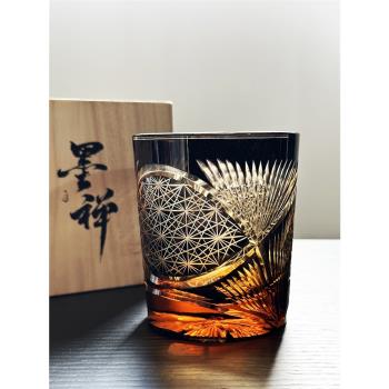 鶴羽毛日式手工玻璃杯酒具 雕花琥珀杯 江戶切子威士忌酒杯水晶杯