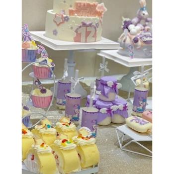 紫色兔甜品臺裝飾芭蕾兔蛋糕裝飾插件卡通推推樂貼紙布丁杯封口紙