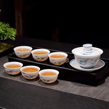 手繪羊脂玉功夫茶具套裝創意現代簡約家用陶瓷茶杯蓋碗整套禮盒裝