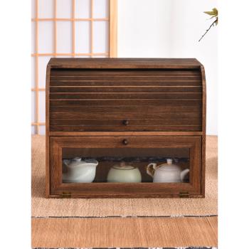 實木桌面收納盒防塵收納柜透明化妝品展示盒茶具杯子儲物柜茶壺架