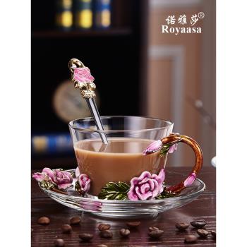 諾雅莎高檔ins粉玫瑰琺瑯彩咖啡杯帶碟帶勺套裝歐式小奢華小清新