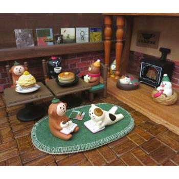 zakka 面包房場景食玩娃娃屋咖啡館場景擺件熊服務員壁爐留聲機