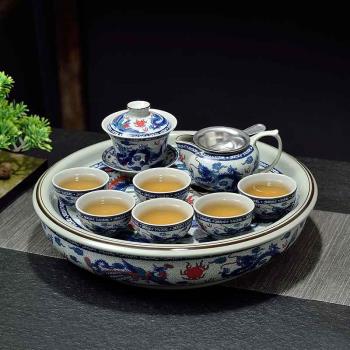 中式大茶盤套裝龍鳳功夫茶具茶杯蓋碗家用陶瓷茶船釉中彩12.5英寸
