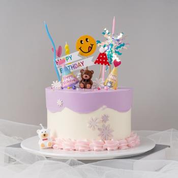網紅ins風生日蛋糕裝飾可愛小熊蠟燭擺件愛心小帽子笑臉派對插件