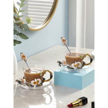 諾詩曼琺瑯彩高顏值玻璃咖啡杯套裝女美式小奢華田園風杯子禮盒裝
