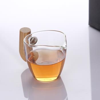加厚耐熱公道杯玻璃分茶器茶道配件透明茶海純手工實木柄大號勻杯