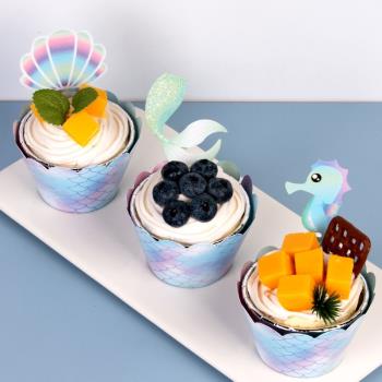 藍色海洋風主題甜品臺裝飾插件小美人魚海馬帆船魚尾蛋糕圍邊插牌