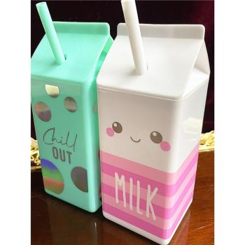 出口大品牌兒童可愛牛奶盒造型冰飲杯車載吸管杯果汁夏日冷水杯