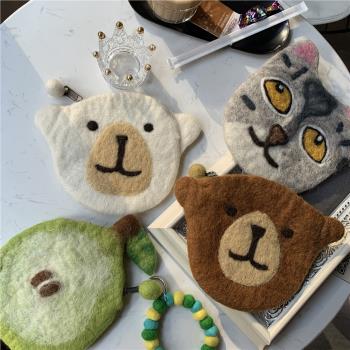 日式可愛羊毛氈卡通熊仔零錢包卡包呆萌北極熊棕熊杯墊創意禮品