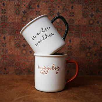 W1962北歐風手寫字體英文簡約彩色手柄情侶馬克杯/咖啡杯小清新