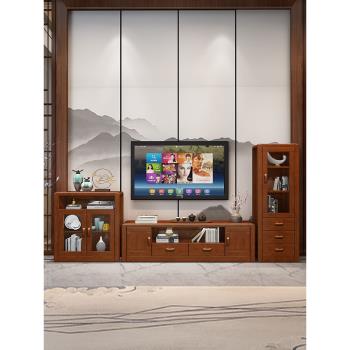 中式實木電視柜茶幾組合現代簡約儲物地柜客廳伸縮影視壁電視機柜