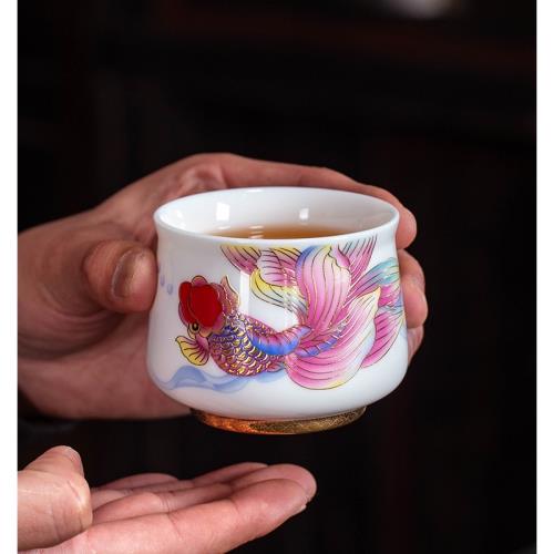 大號描金白瓷主人杯羊脂玉千里江山功夫茶杯錦鯉個人泡茶杯品茗杯|茶杯