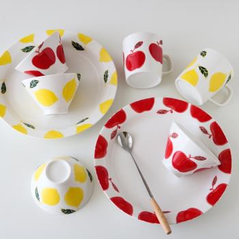 W1962新品陶瓷立體手繪釉下彩蘋果檸檬水果大餐盤/水杯/斗笠飯碗