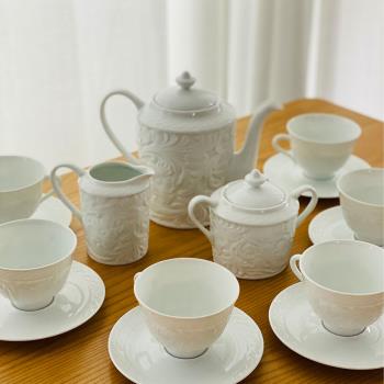 LEGLE白色浮雕陶瓷杯子英式茶具宮廷風咖啡杯碟壺馬克杯歐式禮盒