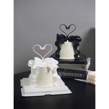 七夕情人節蛋糕裝飾黑白天鵝擺件情侶告白女神生日絲帶蝴蝶結插件