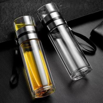 雙層茶水分離玻璃杯直身杯商務辦公茶水分離水杯商務廣告禮品杯子