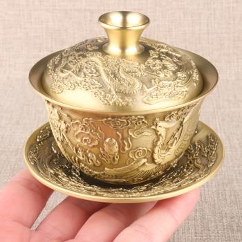 純黃銅茶杯中式書房桌面擺件創意黃銅蓋碗小米缸茶具泡茶品茗杯子
