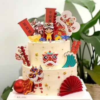 國潮舞獅烘焙蛋糕裝飾男孩女孩寶寶周歲中式生日甜品裝飾插牌插件