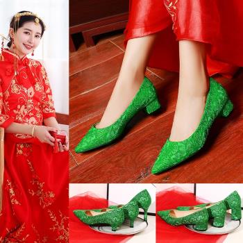 綠色中式粗跟孕婦秀禾婚鞋