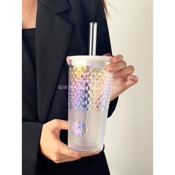 玻璃吸管杯大容量帶蓋帶吸管杯辦公室夏季高顏值女王杯奶茶水果杯