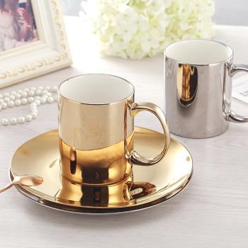北歐盤子大號金色餐盤創意陶瓷水杯托盤首飾盤金色圓形盤子牛扒盤