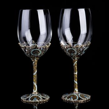 歐洲工藝琺瑯彩高端紅酒杯一對家用高腳杯奢華情侶創意個性水晶杯
