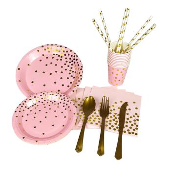 歐美粉色燙金圓點主題生日派對裝飾布置蛋糕紙盤紙巾紙杯桌布拉旗
