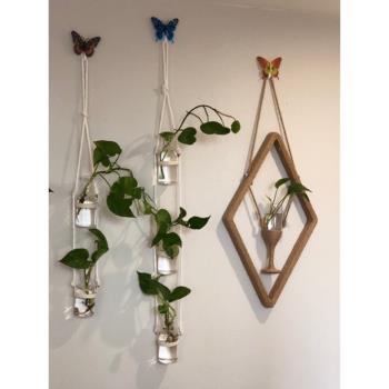 創意壁掛麻繩瓶裝飾畫玻璃水培植物花瓶客廳房間掛飾ins墻面裝飾