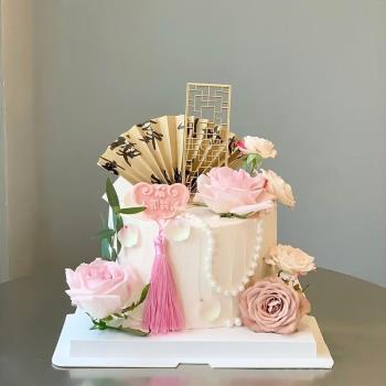烘焙蛋糕裝飾擺件屏風流蘇花朵金扇子如意鎖國風古風生日甜品插件