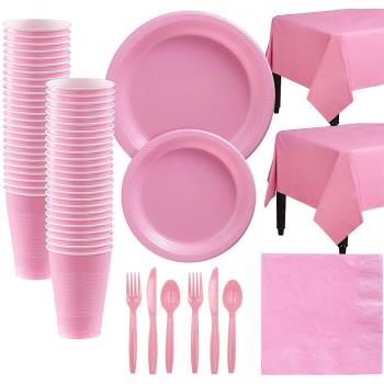 粉色餐具套裝一次性塑料盤子杯子刀叉勺生日派對裝飾20人份餐盤