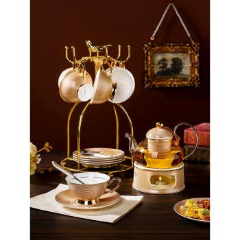 美道 歐式下午茶茶具套裝 客廳家用玻璃花茶壺蠟燭加熱骨瓷花茶杯