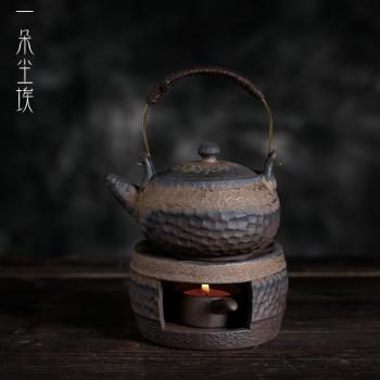 手工粗陶溫茶器 禪意復古陶瓷側把壺做舊蠟燭加熱底座暖茶爐茶壺