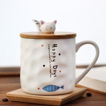 日式可愛貓咪卡通帶蓋創意女陶瓷杯子 簡約牛奶杯兒童早餐馬克杯