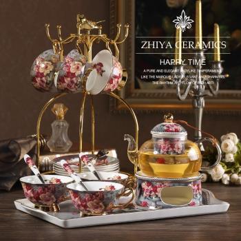 古典玫瑰歐式骨瓷花茶茶具套裝英式下午茶玻璃蠟燭加熱花茶壺茶杯