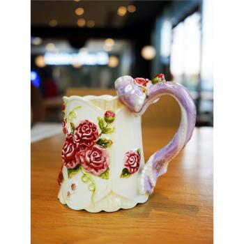方亞陶瓷柔情玫瑰女生馬克杯精致手繪玫瑰花蝴蝶結奶杯水杯咖啡杯