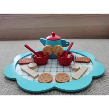 ins可愛藍色下午茶玩具套裝兒童廚房過家家茶具木質茶壺茶杯擺件