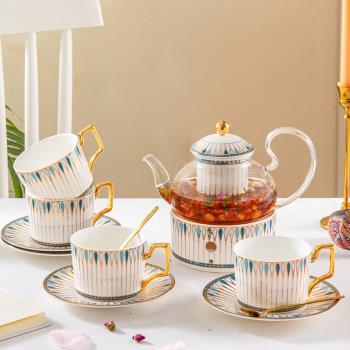 骨瓷花茶壺套裝水果茶壺玻璃蠟燭加熱煮茶英式下午茶具花茶杯輕奢