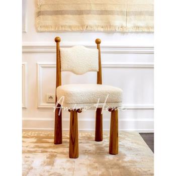Aminohome復古奶油風化妝椅設計師款實木餐椅法式中古羊羔毛椅子