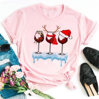 爆款酒杯圣誕帽印花粉色T恤