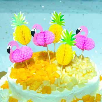 蛋糕裝飾插簽火烈鳥3D立體菠蘿6支裝甜品臺慕斯杯月亮星星棉花燈
