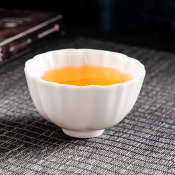 陶瓷茶具品茗杯白瓷主人杯家用汝窯花瓣茶杯大號羊脂白玉瓷單杯