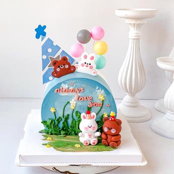 七夕情人節蛋糕裝飾卡通小熊小兔軟膠擺件派對生日帽插牌氣球插件