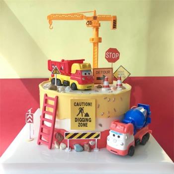 烘焙蛋糕裝飾兒童卡通工程車挖掘機攪拌車油罐車路標生日蛋糕裝扮