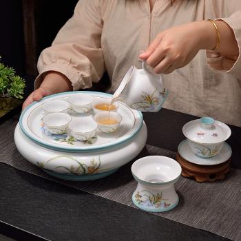 羊脂玉蝶戀花現代簡約陶瓷茶盤茶杯蓋碗套裝家用辦公潮州功夫茶具