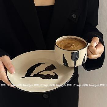 芬蘭同款復古手繪花朵陶瓷馬克杯方柄咖啡杯牛奶杯子早餐盤子餐具